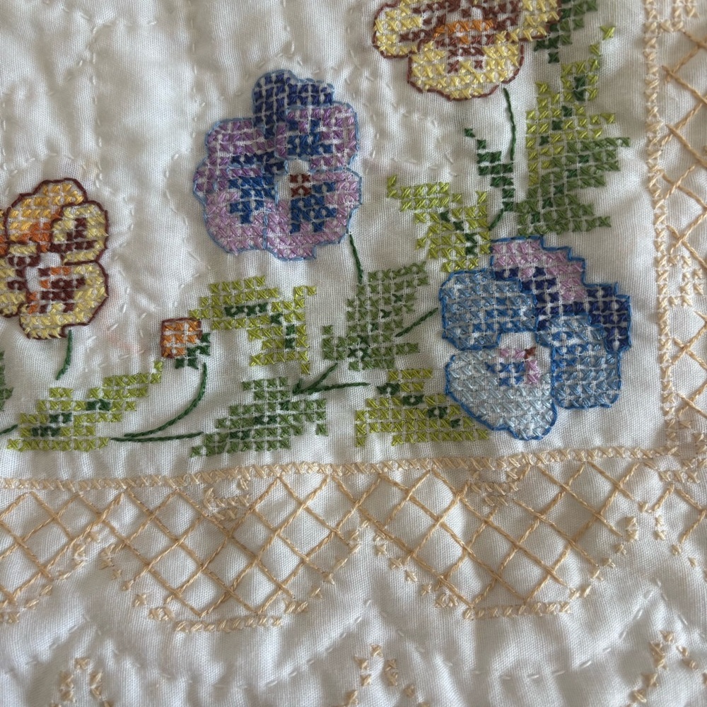 Handmade Quilted Cross Stitch Embroidered Butterfly & Floral Cotton Pillow Sham - Picture 5 of 15